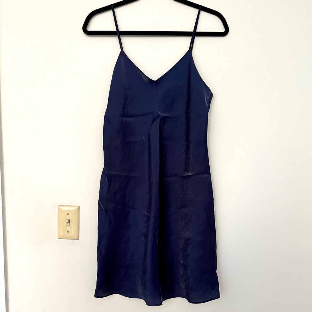 Vintage 90s shimmer navy silk slip mini dress w/ adjustable straps sz M Medium